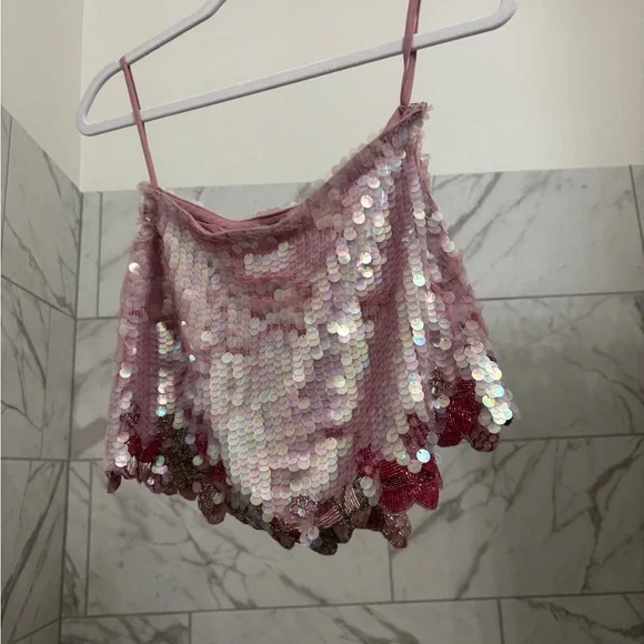 Pink Sequin Mini Skirt with butterfly Hem - Picture 2 of 7